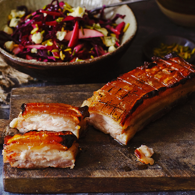 cured-pork-belly-with-red-cabbage-and-pistachio-salad